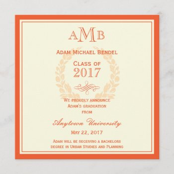 Orange Elegant Monogram Graduation Announcement by adams_apple at Zazzle