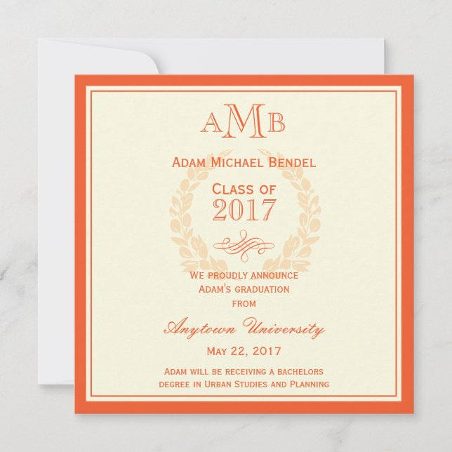 Orange Elegant Monogram Graduation Announcement (Front)