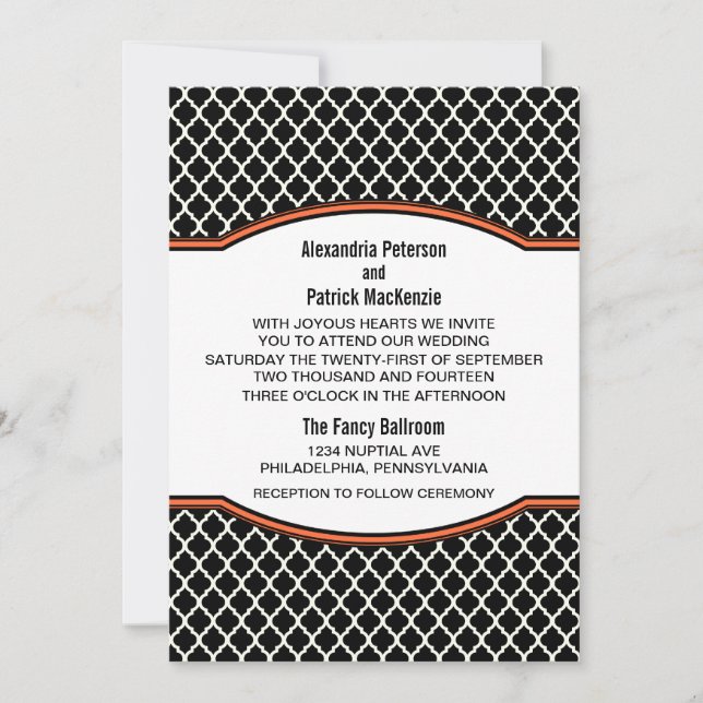 Orange Elegant Quatrefoil Wedding Invite (Front)