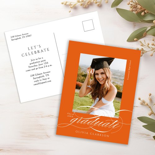 Orange Elegant Script Graduation Party Invitation Postcard
