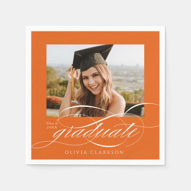 Orange Elegant Script Photo Graduation Party Napkins (Front)