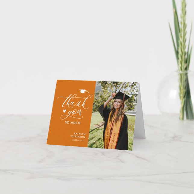 Orange Elegant Script Photo Minimalist Graduation Thank You Card (Front)