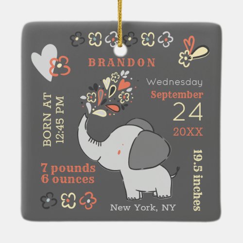 Orange Elephant Birth Stats Babys First Christmas Ceramic Ornament