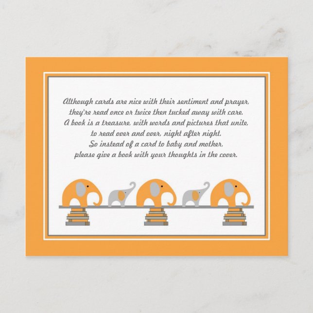 Orange Elephant Insert for Book Baby Shower Invitation Postcard (Front)