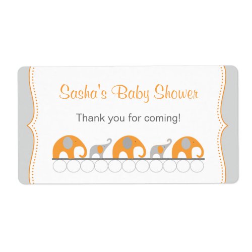 Orange Elephants Baby Shower Water bottle favor Label