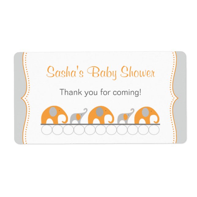 Orange Elephants Baby Shower Water bottle favor Label (Front)