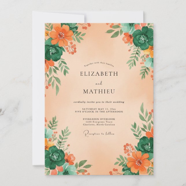 Orange Emerald Botanical Flourish Wedding Invitation (Front)