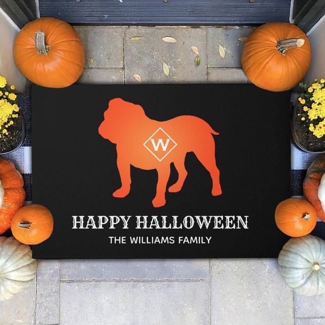 Orange English Bulldog Happy Halloween Family Name Doormat (Creator Uploaded)