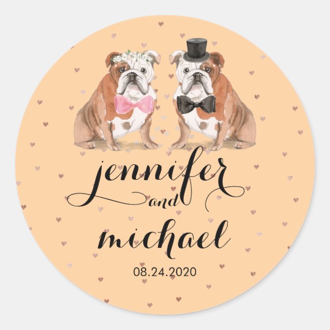 Orange English Bulldog wedding Classic Round Sticker