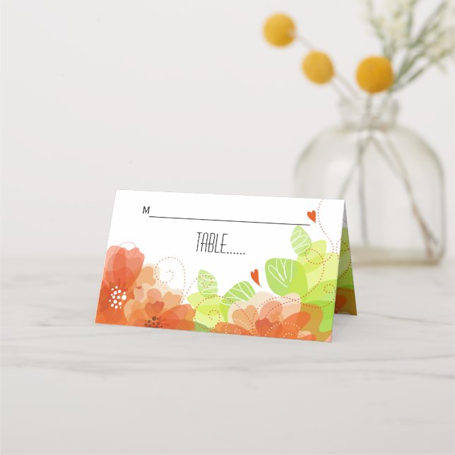 Orange ethereal flowers floral wedding escort card (Front)