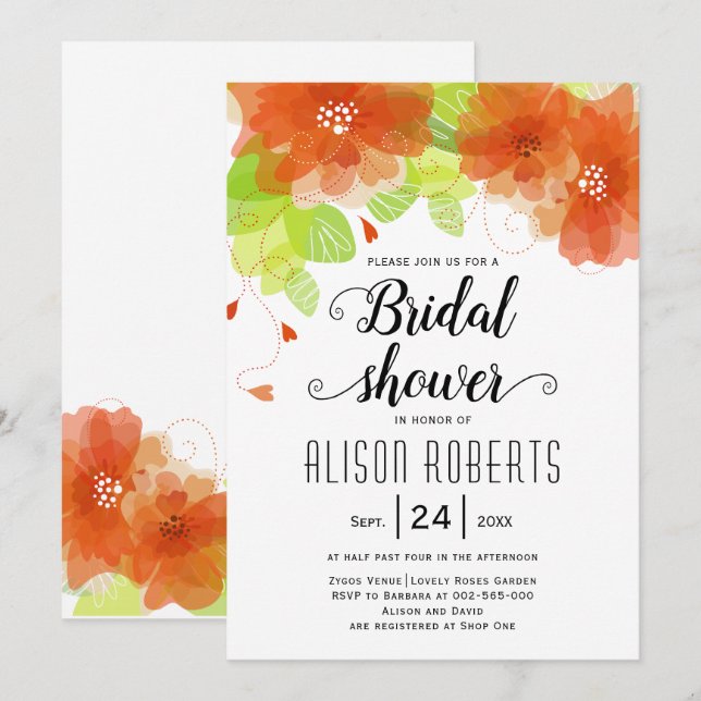 Orange ethereal flowers wedding bridal shower invitation (Front/Back)