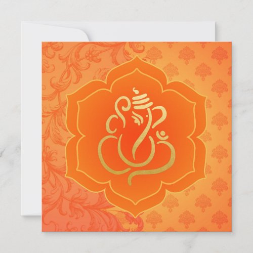 Orange Ethnic Damask Gold Ganesh Indian Wedding Invitation