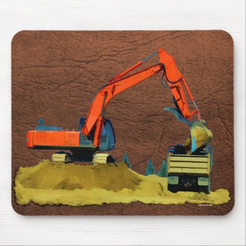 Orange Excavator and Yellow Dump_Truck Mouse Pad