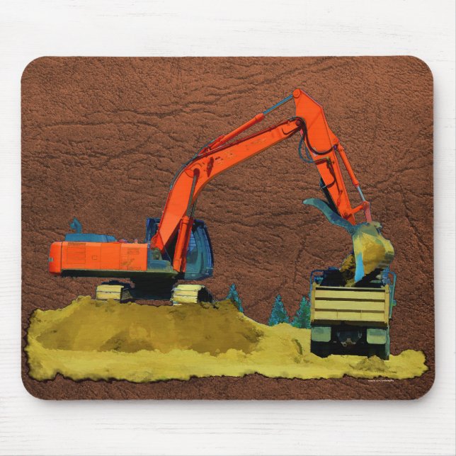 Orange Excavator and Yellow Dump-Truck Mouse Pad (Front)