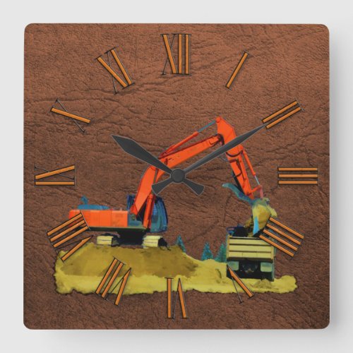 Orange Excavator and Yellow Dump_Truck Wall Clock
