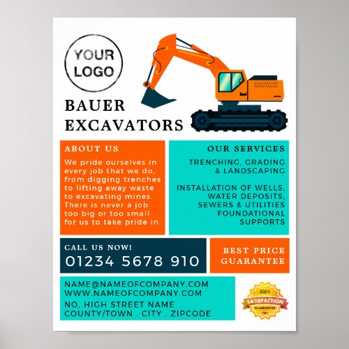 Orange Excavator Builders Advertising Poster