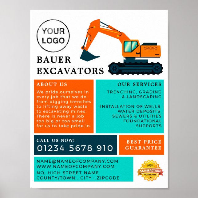 Orange Excavator, Builders Advertising Poster (Front)