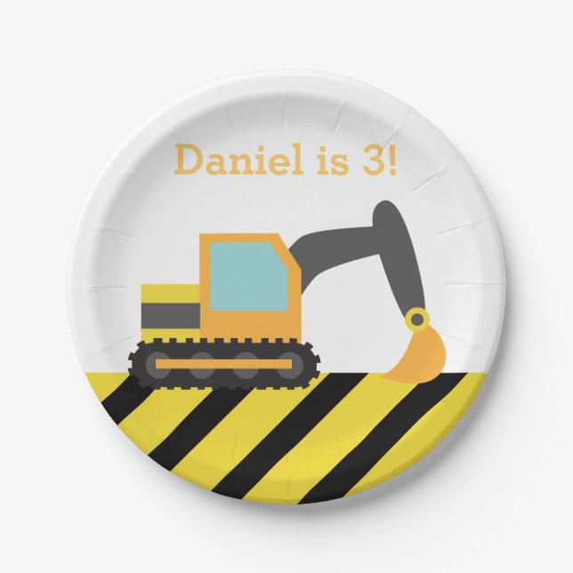 Orange Excavator Construction Boys Birthday Party Paper Plates (Front)
