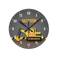 Orange Excavator Construction Boys Room Decor Round Clock