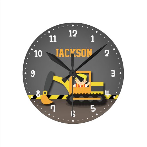 Orange Excavator Construction Boys Room Decor Round Clock