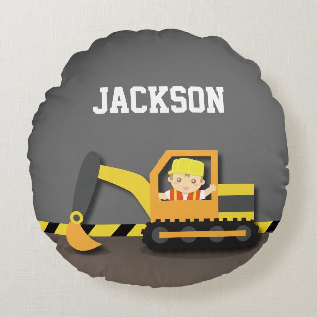 Orange Excavator Construction Boys Room Decor Round Pillow (Front)