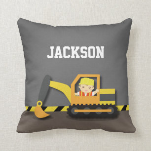 Orange Excavator Construction Boys Room Decor Throw Pillow