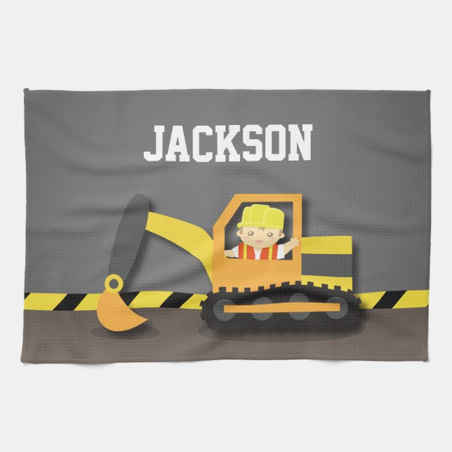 Orange Excavator Construction Builder Boy Kitchen Towel (Horizontal)