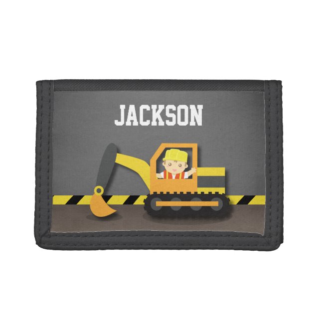 Orange Excavator Construction Builder Boy Trifold Wallet (Front)