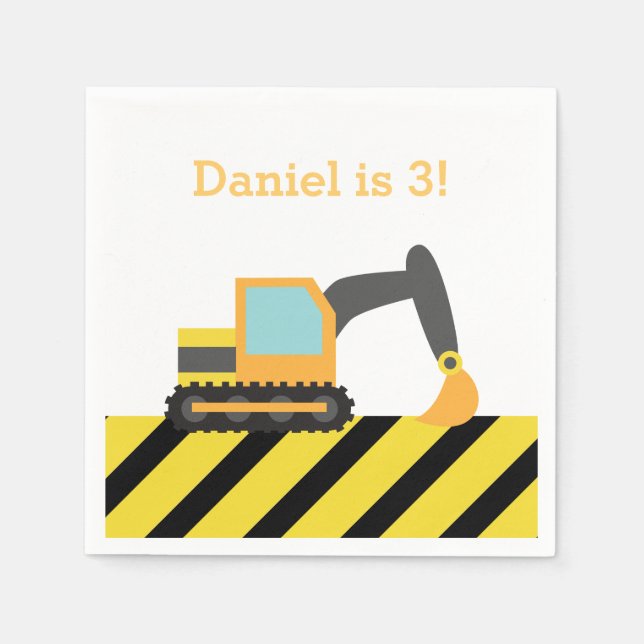 Orange Excavator Construction Kids Birthday Party Napkins (Front)