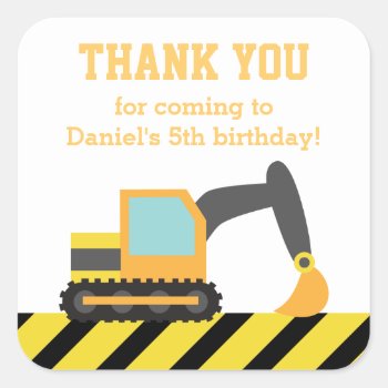 Orange Excavator Construction Kids Party Birthday Square Sticker by RustyDoodle at Zazzle