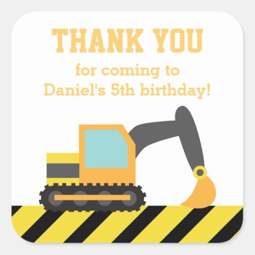 Orange Excavator Construction Kids Party Birthday Square Sticker