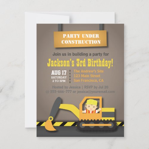 Orange Excavator Construction Theme Birthday Party Custom Invite