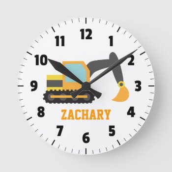 Orange Excavator  Construction Vehicle  For Kids Round Clock by RustyDoodle at Zazzle