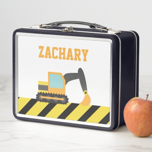 Orange Excavator Construction Vehicle Kids Metal Lunch Box