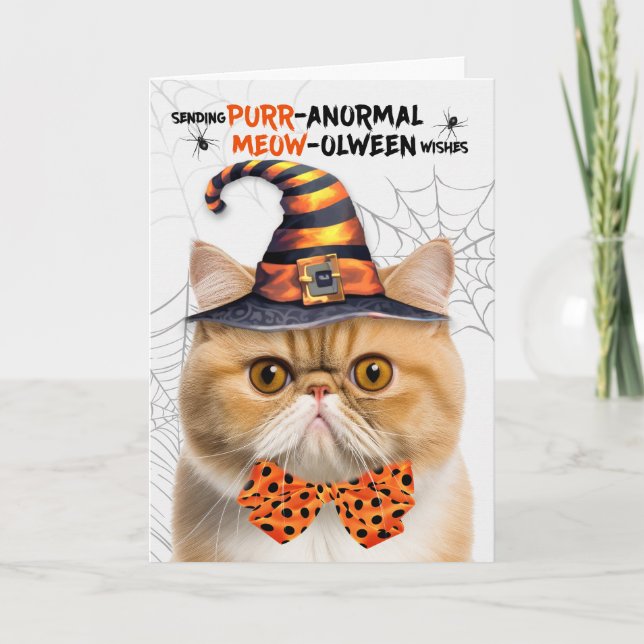 Orange Exotic Halloween Cat PURRanormal MEOWolween Holiday Card (Front)