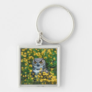 Orange Eyed Owl in Meadow of Flowers Keychain