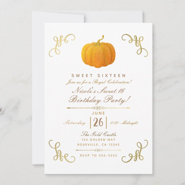 Orange Fall Autumn Glitter Pumpkin Sweet 16 Party Invitation (Front)