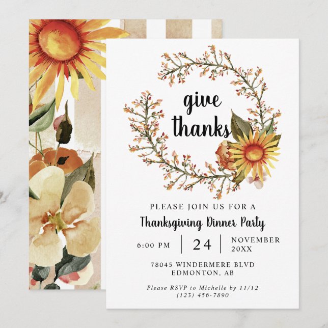 Orange Fall Colors Flowers Thanksgiving Dinner Invitation (Front/Back)