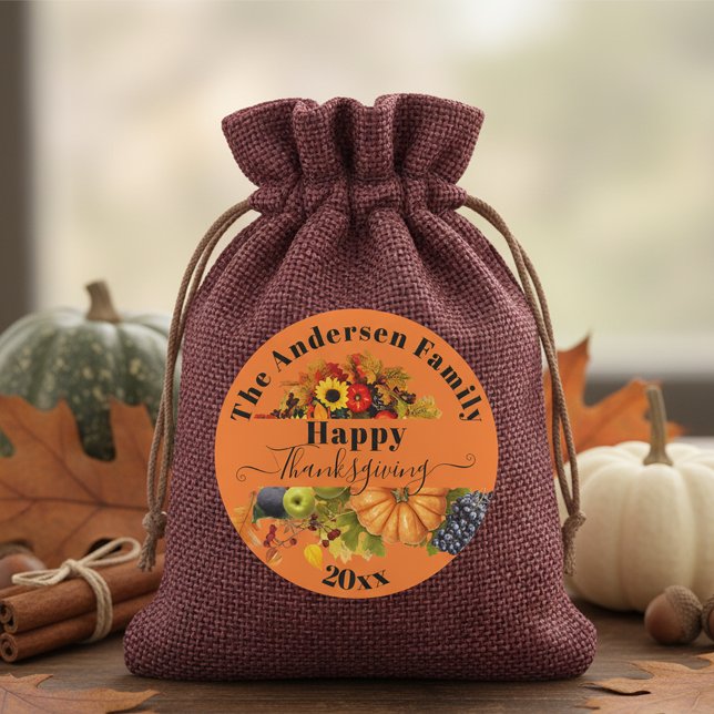Orange Fall Cornucopia Thanksgiving Favor Classic Round Sticker (Creator Uploaded)