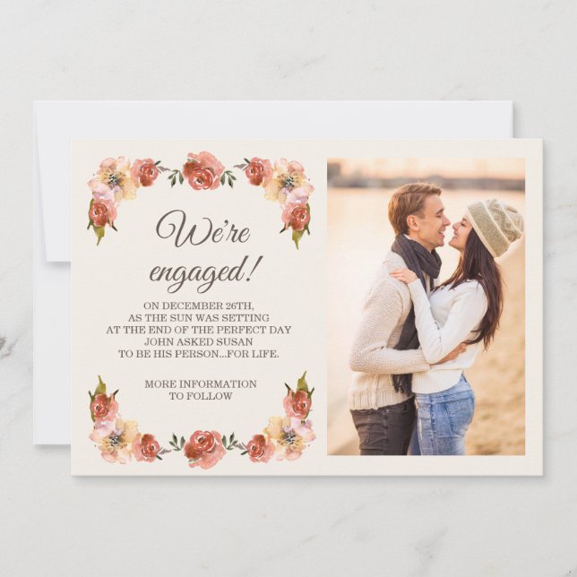 Orange Fall Floral Photo Engagement Announcement (Front)