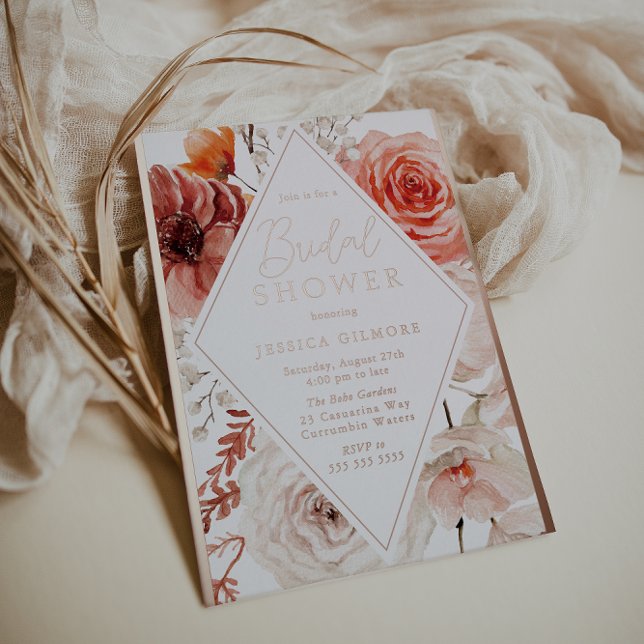 Orange Fall Floral & Rose Gold Bridal Shower Foil Invitation (Creator Uploaded)