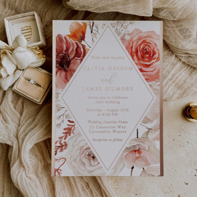 Orange Fall Floral & Rose Gold Wedding Foil Invitation (Creator Uploaded)