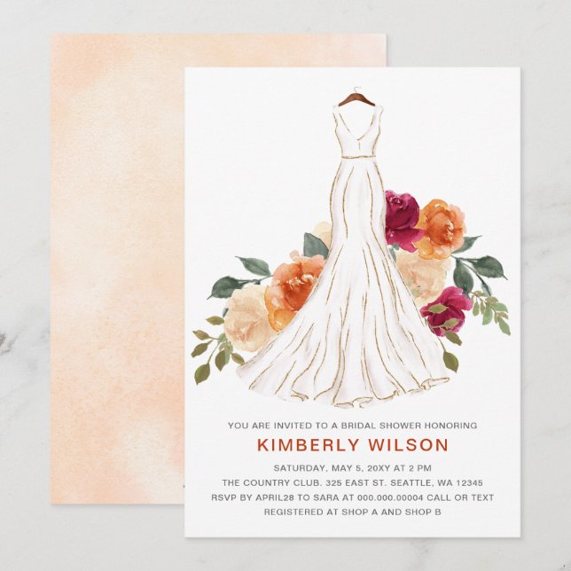 Orange Fall Floral Wedding Dress Bridal Shower Invitation (Front/Back)