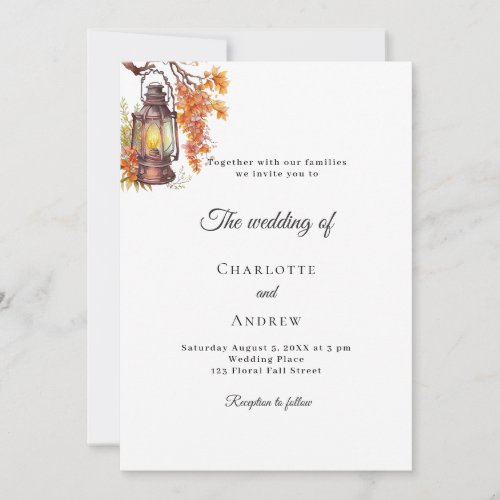 Orange fall florals lantern rustic boho wedding invitation