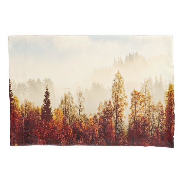 Orange fall forest with morning fog mist pillow case (Front)