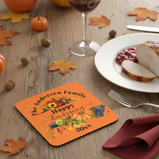 Orange Fall Harvest Fruits Foliage Thanksgiving Square Paper Coaster (Creator Uploaded)