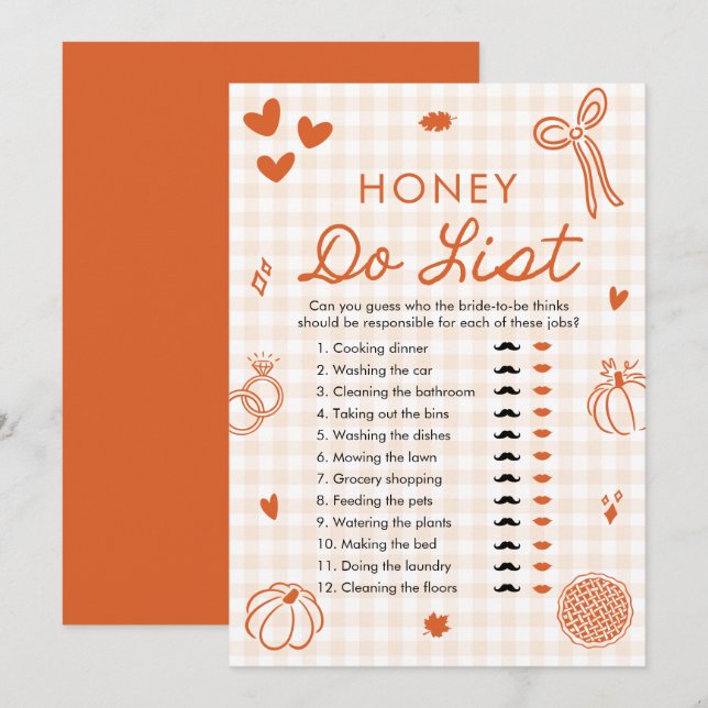 Orange Fall Honey Do List Bridal Shower Game Invitation (Front/Back)