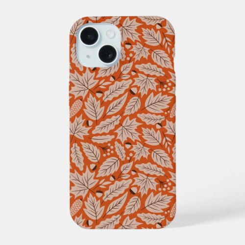 Orange Fall Leaves  Acorns Pattern iPhone 15 Case