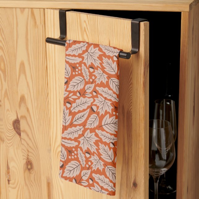 Orange Fall Leaves & Acorns Pattern Kitchen Towel (Thirds Fold)