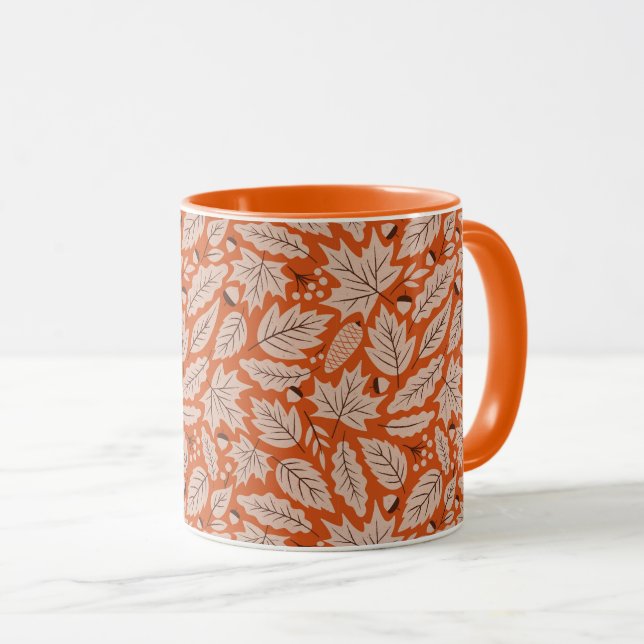 Orange Fall Leaves & Acorns Pattern Mug (Front Right)